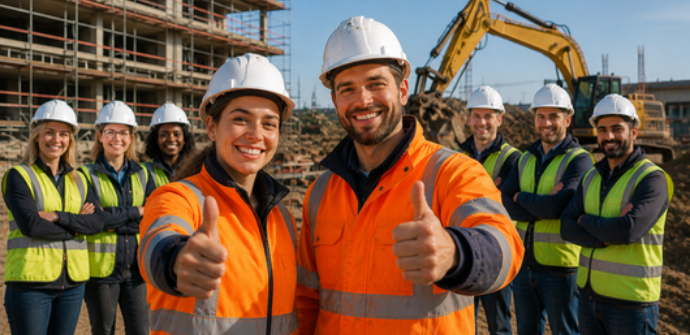 Zwei Bauarbeitende zeigen auf einer Baustelle den Daumen nach oben. Im Hintergrund stehen mehrere Mitarbeitende unterschiedlicher Herkunft vor einem Rohbau und einem Bagger. Das Bild symbolisiert Teamarbeit, Vielfalt und moderne Fachkräftegewinnung in der Bauwirtschaft.