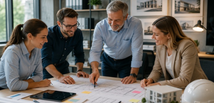 Projektteam im Baubüro bespricht Baupläne und Projektaufgaben. Gemeinsame Planung und Zusammenarbeit unterstützen ein agiles Projektmanagement im Bauwesen.