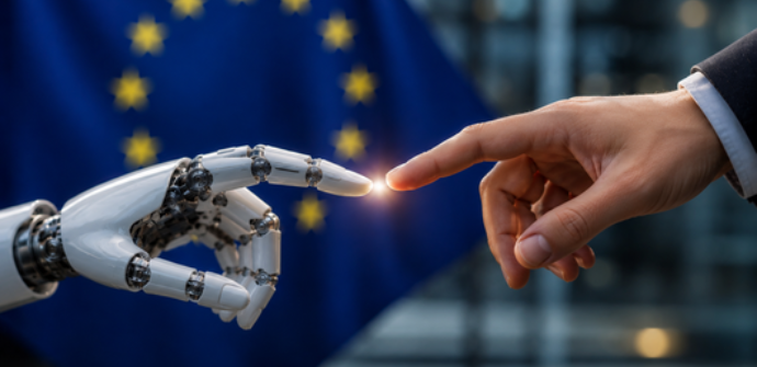 Mensch und Roboterhand symbolisieren den verantwortungsvollen Einsatz von KI im Rahmen des EU AI Act.