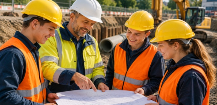 Ausbilder erklärt drei Auszubildenden auf einer Tiefbaustelle einen Bauplan. Die Gruppe arbeitet gemeinsam an einer praxisnahen Ausbildungsaufgabe.