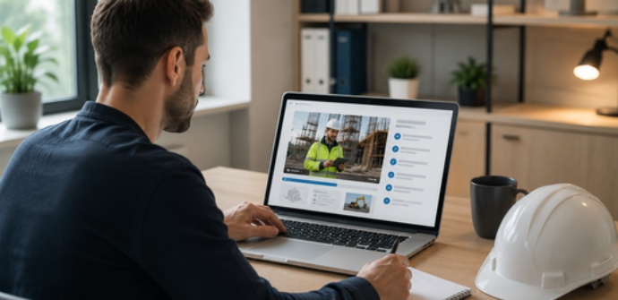 Mitarbeiter bearbeitet ein digitales Lernmodul am Laptop. Ein Bauhelm auf dem Schreibtisch symbolisiert praxisnahe E-Learnings für die Bauwirtschaft.