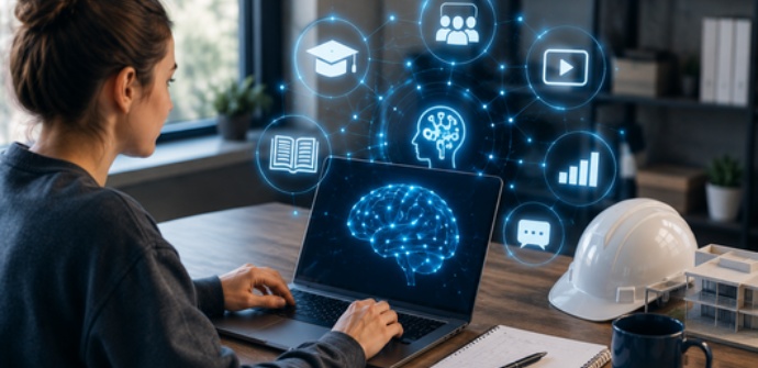 Auszubildende nutzt einen Laptop mit KI-gestützten Lernanwendungen. Digitale Werkzeuge und interaktive Lernmethoden unterstützen die moderne Ausbildung in der Bauwirtschaft.