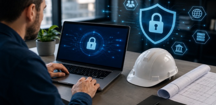Mitarbeiter arbeitet an einem Laptop mit Cybersecurity-Darstellung. Bauhelm und Baupläne symbolisieren IT-Sicherheit und NIS2-Anforderungen in der Bauwirtschaft.